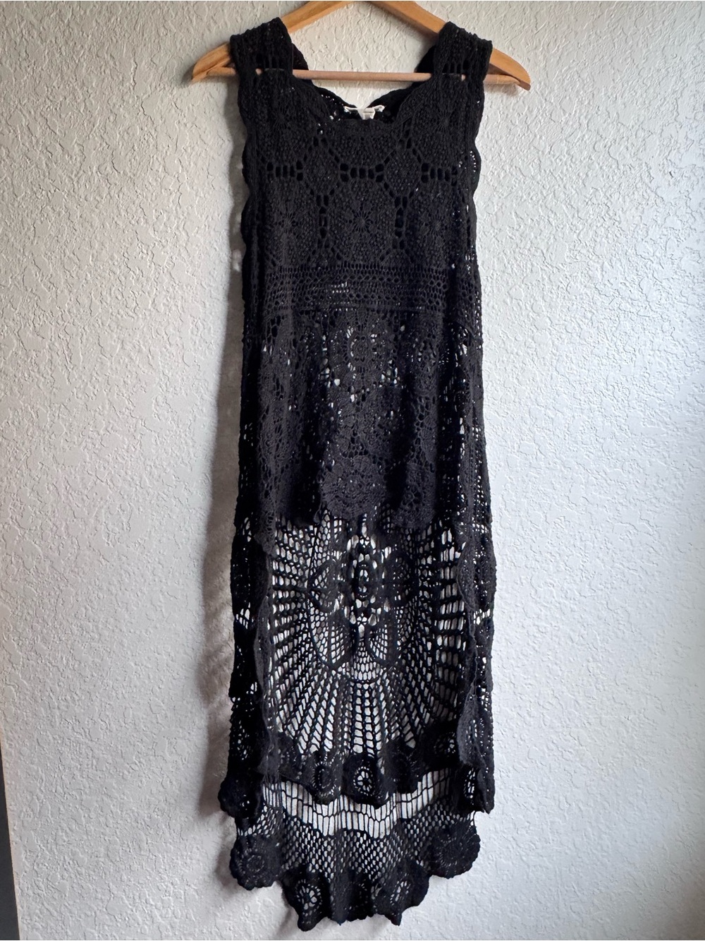 Bohemian Black Openwork Crochet Knit High-Low Sleeveless Duster Vest / Tunic